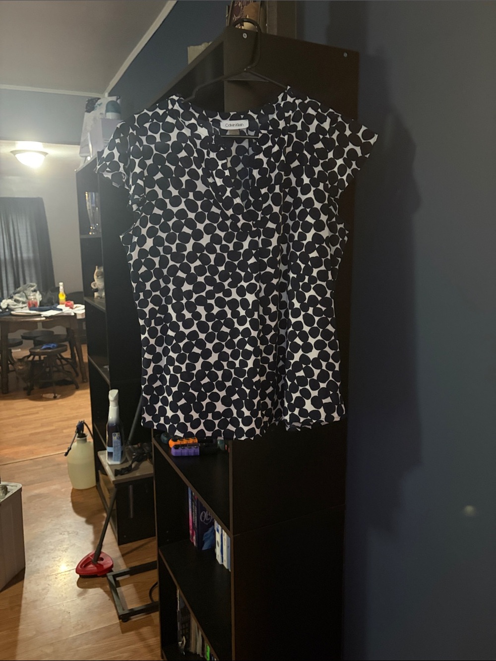 Calvin Klein Navy and White Polka Dot Cap Sleeve Blouse